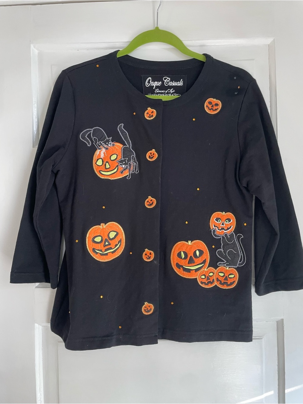 Festive Halloween Embroidered 3/4 Snap Front Top Pumpkins and Black Cats Sz. M